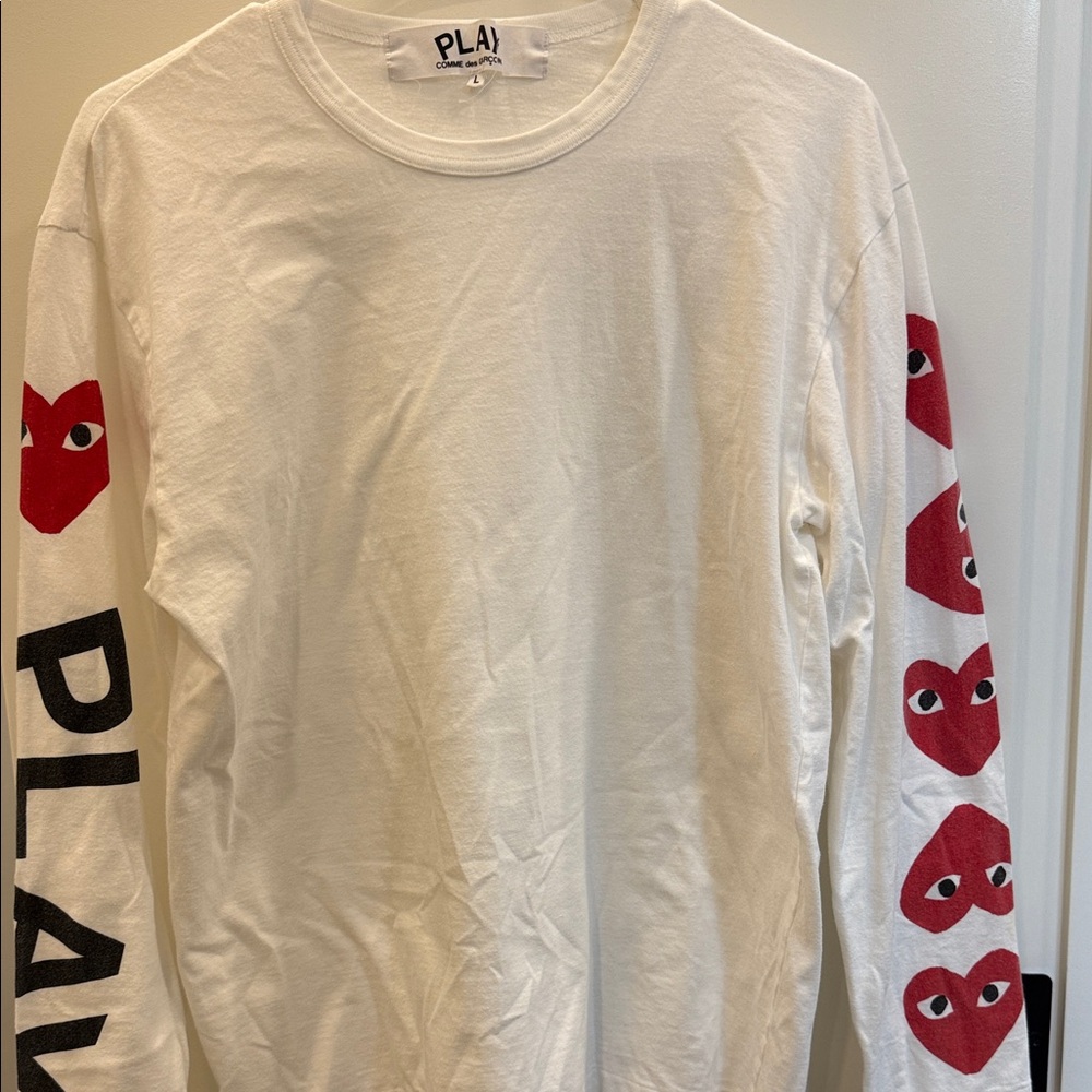 Comme des Garcons PLAY White Long Sleeve Tee with Red and Black Accents